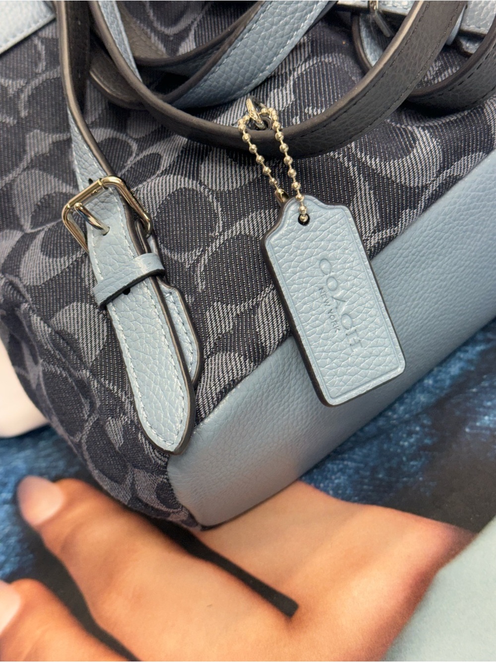 (new+tag) Coach Mini Backpack Denim Leather Light Blue /Navy Signature Monogram - Picture 5 of 15